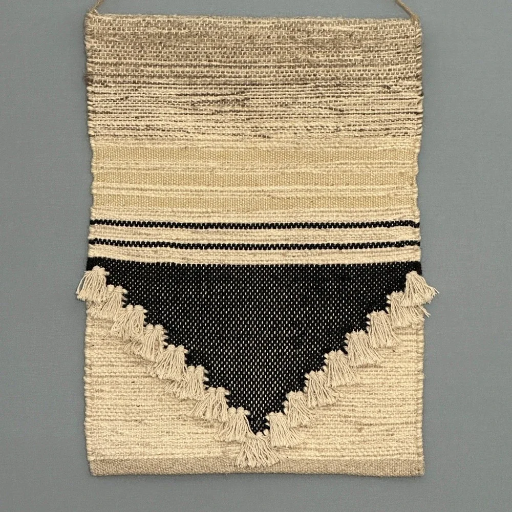 Threshold Woven Geometric Wall Hanging Tassel Trim Beige Black Boho Decor 18x25